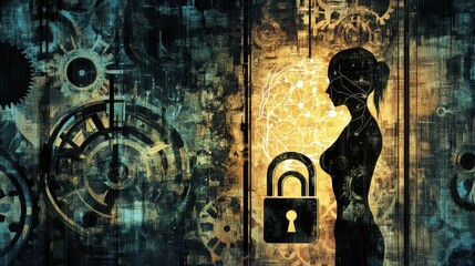Poster - Silhouette of Woman by Gear Background with Lock Symbol Concept