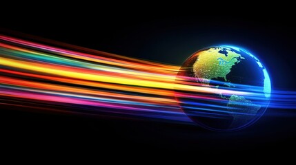 Poster - Vibrant Earth with Colorful Light Trails on Dark Background