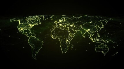Poster - Neon Lighted World Map with Digital Connections and Network Grid