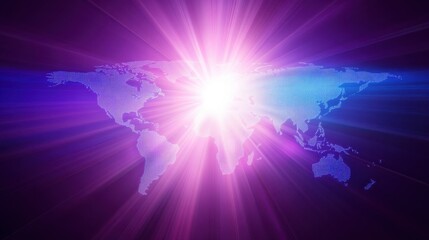 Poster - Bright Abstract World Map Design with Purple and Blue Light Effects