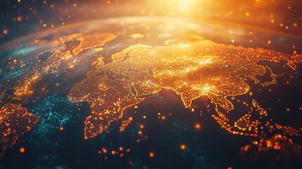 Poster - Illuminated View of Europe and Asia from Space with Stars and Lights