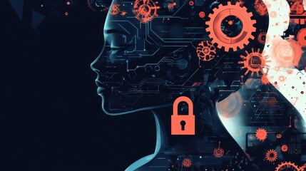 Poster - Abstract Profile of Woman with Technology and Security Elements