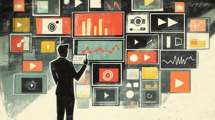 Poster - Man with Tablet Surrounded by Multimedia Screens and Data Visuals