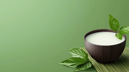 Poster - Healthy Dairy Free Milk Smoothie in Ceramic Bowl with Fresh Leaves on Green Background