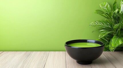 Poster - Tranquil Natural Decor with Lush Leaves in Modern Bowl on Wooden Table