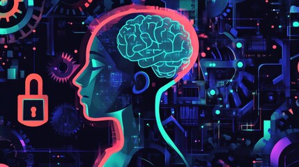 Poster - Profile silhouette of a woman with brain illustration and technology background