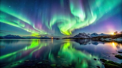 Wall Mural - Stunning auroras reflecting on calm waters at twilight , Auroras, tranquil, landscape, twilight, illuminate, tranquil, water
