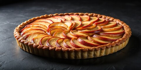 Wall Mural - Freshly baked Apple Tart on a black background, dessert, sweet, pastry, baked, delicious, fruity, rustic, homemade