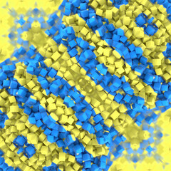 Leinwandbilder - Symmetrical 3d rendering digital illustration of a geometric pattern consisting of many small three-dimensional cubes, in blue and yellow colors. Modern and abstract style