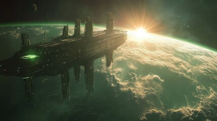 Wall Mural - futuristic space station orbiting a celestial body at sunrise
