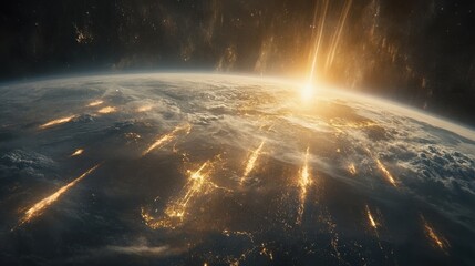 Wall Mural - celestial phenomenon over earth with fiery eruptions at dawn
