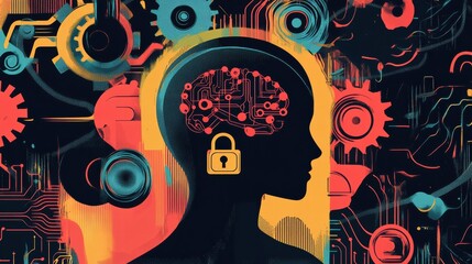 Poster - Conceptual Illustration of Brain with Digital Lock Symbol