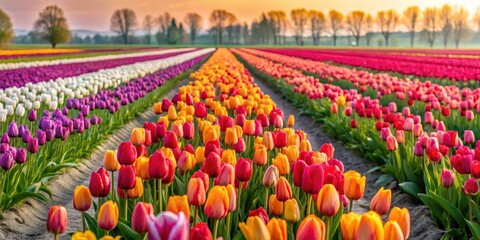 Wall Mural - Spring Tulip Field in Row, field of flowers, vibrant flowers,  field of flowers, vibrant flowers, colorful,green