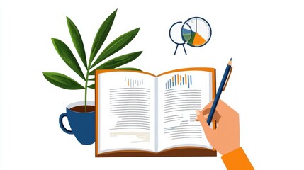 Poster - open textbook and stationery on workspace with plant and infographic