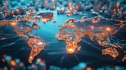 Poster - Digital World Map with Connected Nodes and Glowing Lights