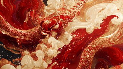 Poster - Abstract swirling red and gold liquid design with clouds, resembling a dynamic flowing pattern.