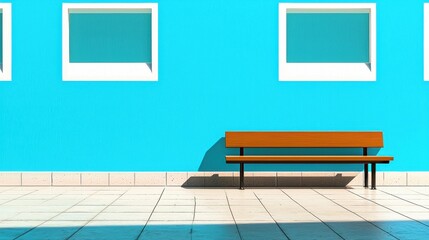 Poster - Minimalist Blue and Orange Bench in Modern Architectural Interior