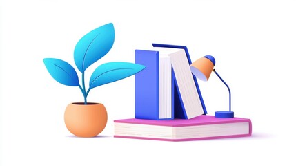 Poster - Cozy Workspace with Bookshelf Potted Plant and Desk Lamp