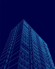 Poster - Tall building with blue windows and a blue sky background. The building is lit up in blue