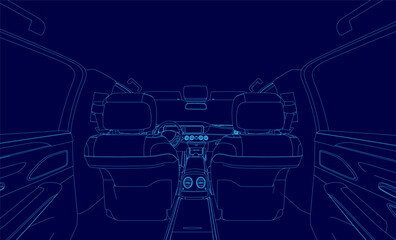 Poster - Blue car interior with a blue dashboard and a blue steering wheel. The car is in motion and the driver is looking ahead