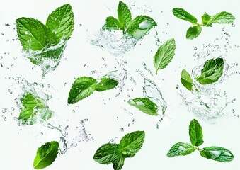 Wall Mural - Fresh mint leaves splashing in water. (35)