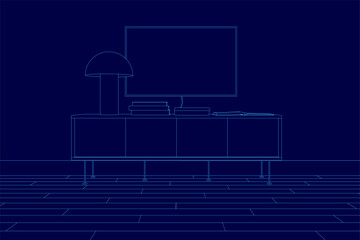 Poster - Blue drawing of a living room with a television and a lamp. The room is empty and the television is turned off
