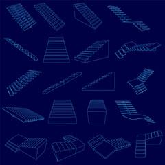 Poster - Series of blue drawings of stairs. The drawings are all different sizes and shapes, but they all have the same basic design. Scene is calm and serene, as if the stairs are just a part of the scenery