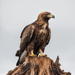 a golden eagle standing on a tree stump with a white background.