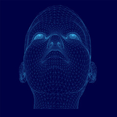 Poster - Blue head with a face made of lines. The head is in the middle of the image