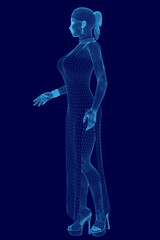 Poster - Woman in a blue dress is standing in front of a blue background. The dress is long and the woman is wearing high heels