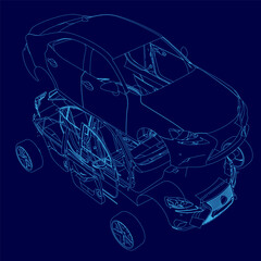 Poster - Blue line car with a dark blue background is shown in the image. The car is a modern design with a sleek and aerodynamic shape. The blue color scheme gives the car a clean