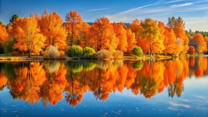 Wall Mural - Serene autumn scene with reflective lake and vibrant orange trees, autumn, landscape, serene, lake, reflection, vibrant, orange