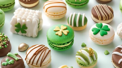 A colorful assortment of macarons in green and brown, decorated with festive designs, perfect for celebrations like St. Patrick's Day.