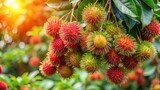 Ripe rambutan tree bursting with plentiful fruits, Rambutan, tree, ripe, fruit, tropical, exotic, red, spiky, sweet