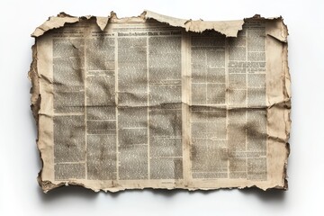 Burned, aged newspaper fragment with illegible text on white background.