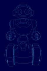 Poster - Robot is shown in blue with a head and eyes. The robot is designed to look like a human, with a head and arms. The robot is standing on a platform with wheels