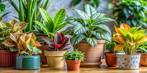Wall Mural - Colorful of various potted plants with different leaf shapes and patterns, emphasizing nature and indoor greenery, plants