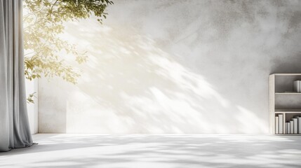 Wall Mural - Sunlit minimalist room with curtains, bookshelf, and tree branch shadows on textured wall.