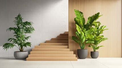 Poster - Wooden Stairs and Lush Greenery in Elegant Minimalist Interior Design