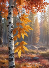 Wall Mural - a lone silver birch leaf clings to its branch in the midst of a vibrant autumn landscape with scatte