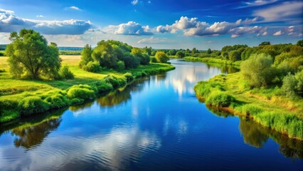 Wall Mural - Beautiful landscape with a tranquil river winding through lush greenery under a clear blue sky, scenic, nature, peaceful