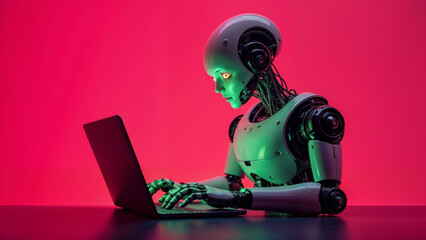 artificial intelligence robot using laptop neon red light futuristic technology 3d illustration banner