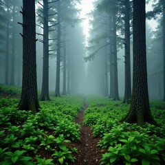 Wall Mural - fog creeps through the forest underbrush, shrouding tree trunks, forest, overcast sky