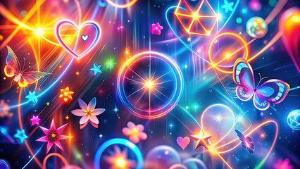 blurred y2k signs, linear orbits, gradient backgrounds