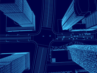Poster - Blue cityscape with a crosswalk and a street view of a city. The buildings are tall and the street is busy with cars
