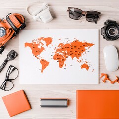 Poster - a minimalist world map with pushpins marking bucket list destinations on a desk surrounded by travel
