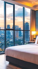 Poster - a luxury hotel room with a plush bed, large windows offering a view of a cityscape, and warm ambient