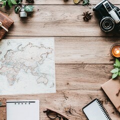 Poster - An intricate map laid out on a wooden table, surrounded by vintage travel gear and glowing lantern light