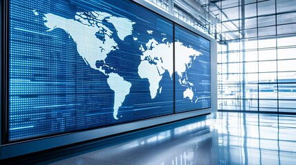 Poster - A digital interactive map on a large screen in a modern airport terminal, vibrant and futuristic design