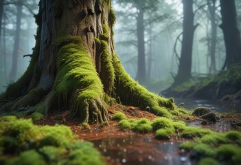 Wall Mural - moss-covered tree trunk in foggy forest, water droplets glistening on the surface, fog, forest floor